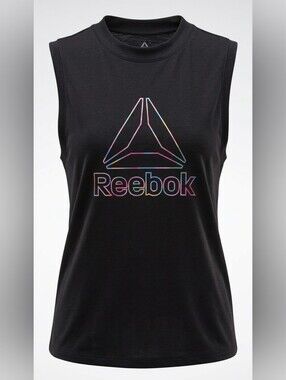 Reebok Black High Neck Tank Top Women's XL Rainbow Iridescent Logo Sleeveless Sh